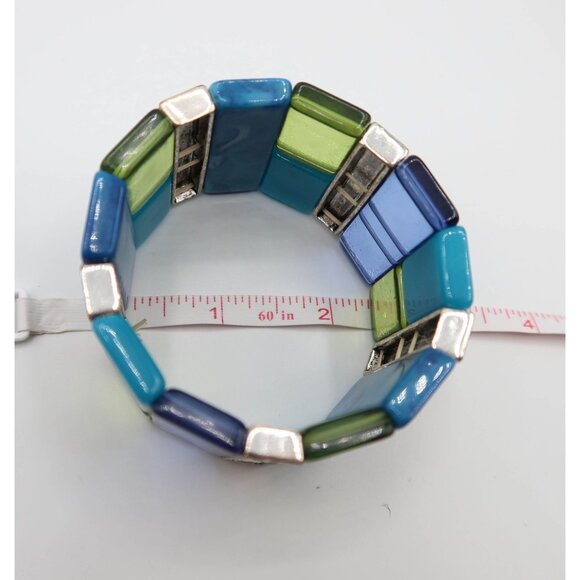 Lucite & Silver Tone Wide Cuff Stretch Bracelet Blue Green Unsigned - Picture 5 of 5